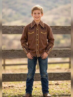 Rockmount Kid's Embroidered Bison Western Shirt in Cocoa Brown Size Medium